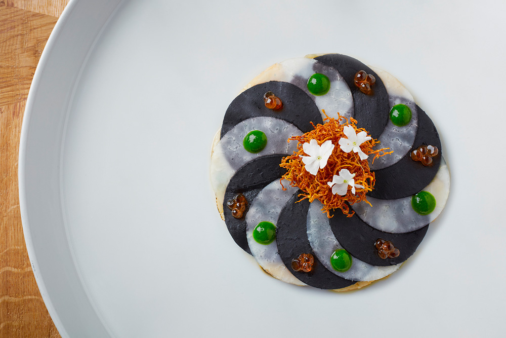 Charcoal-and-pearl carpaccio with caviar