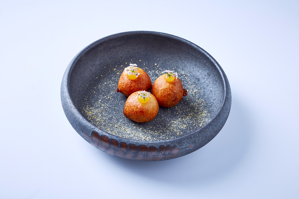 Fritters, citrus gel, elderflower